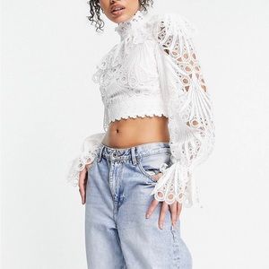 ASOS LUXE eyelet ruffle neck top in white
